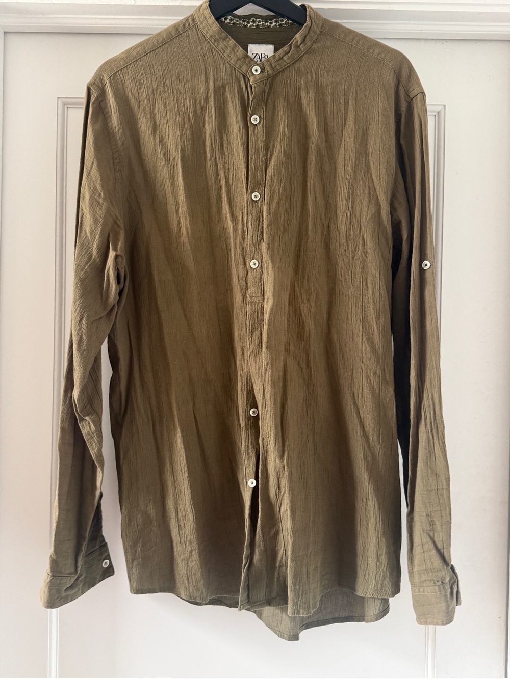 Zara Men Olive Grandad Collar Button-Down Shirt